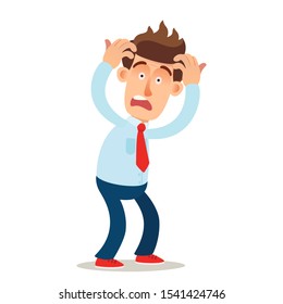 Man in panic. Fired employee, crisis in company. Face expression - fear, fright. Vector illustration, flat design cartoon style. Isolated on white background.