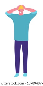 A man in a panic grabbed his head, loudly screaming, a defeat collapse fail had happened. Concept illustration with colored characters. Flat cartoon style