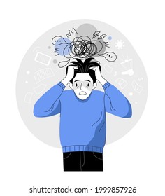 Man in a panic. Vector illustration of cartoon young adult stressed man in a blue jumper with hands on his head with doodle abstract elements on background