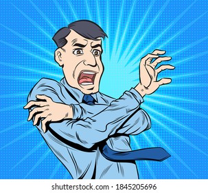 Man panicked, frightened, shocked. Pop art retro hand drawn style vector design illustrations.