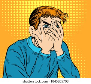 Man panicked, frightened, shocked. Pop art retro hand drawn style vector design illustrations.