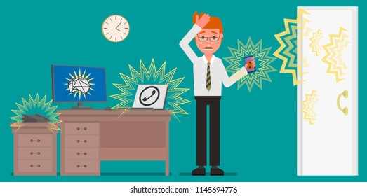 The man is panicking, not knowing what to do. Vector illustration. Flat design style.