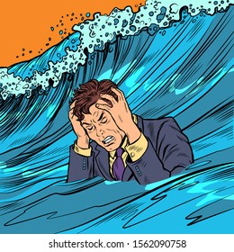 The man panics  Big wave stress  Pop art retro vector illustration drawing