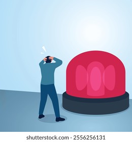 A man panics seeing a big red light on. Illustration for warning, caution and alert.
