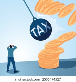 A man panics seeing a metal ball with tax written on it crushing a pile of coins. Illustration for paying taxes, tax deductions, taxable income.