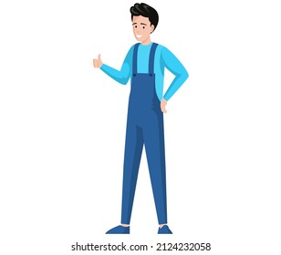 Man in pants with suspenders shows thumb up. Sign cool, gesture of approval. Smiling guy stand with raised hand. Positive male character showing gesture vector illustration. Like, nice, cool, thumb up
