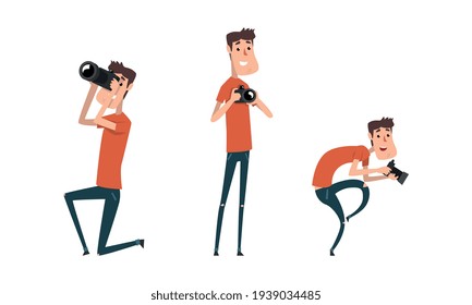 Man Paparazzi Taking Photo with Camera Set, Funny Photographer with Camera in Various Poses Cartoon Vector Illustration