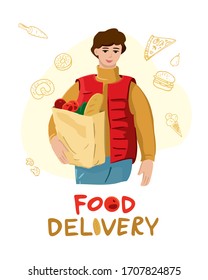 Man with a paper bag of groceries from a grocery store with quote food delivery. Product delivery banner concept. Social assistance services. Online food order poster template. Vector illustration