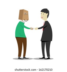 Man with paper bag mask shaking hand with worried looking businessman.