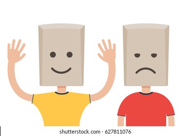 Man with a paper bag with sad and happy smiley on his head. Emotions concept. Vector illustration in flat style isolated on white background