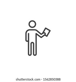 Hombre con icono de línea de documento de papel. signo de estilo lineal para concepto móvil y diseño web. El manual contiene el icono vectorial del contorno del documento. Símbolo, ilustración del logotipo. Gráficos vectoriales