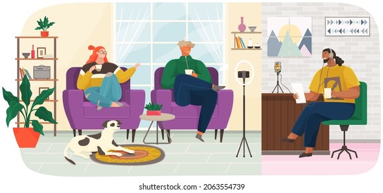 Hombre con papel entrevistando gente en estudio. Caracteres y video blog de filmación de perros, programa de entrevistas en línea. El entrevistador se comunica con los clientes de la estación de radio. Transmisión en directo, grabación de podcast