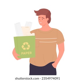 Man with paper recycling bin. Waste management campaign, nature ecology vector illustration