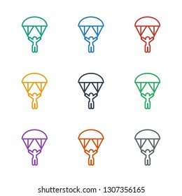 man with parachute icon white background. Editable outline man with parachute icon from war. Trendy man with parachute icon for web and mobile.