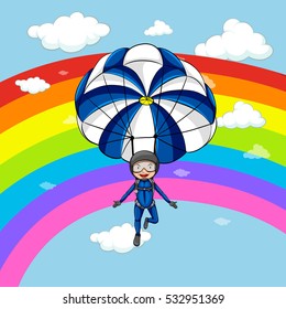 Man parachuting in the sky with rainbow background illustration
