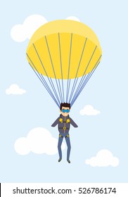 Man parachutist with paratrooper flying in the blue sky.