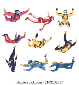 Man Parachutist Skydiving and Free-falling in the Air Descenting on the Earth Vector Set