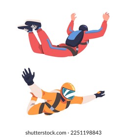 Man Parachutist Skydiving and Free-falling in the Air Descenting on the Earth Vector Set