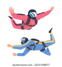 Man Parachutist Skydiving and Free-falling in the Air Descenting on the Earth Vector Set