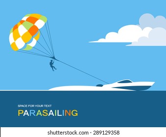 Man parasailing with parachute behind the motor boat