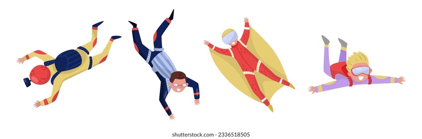 Man Paratrooper or Parachutist Free-falling and Descenting with Parachutes Vector Set