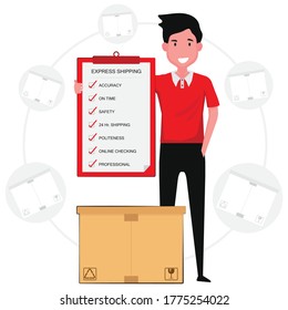 A man with parcel, package is holding a board with list of shipping policy for logistic
