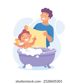 Man Parent Bathing His Son in Bathtub as Home Activity Vector Illustration