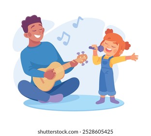 Man Parent with His Daughter Play Guitar and Singing as Home Activity Vector Illustration