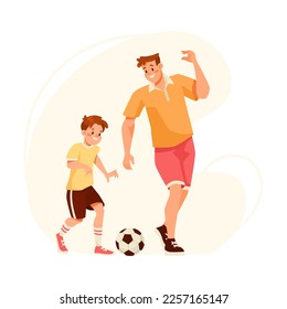 Hombre padre con su hijo jugando fútbol haciendo deporte y ejercicio físico e ilustración