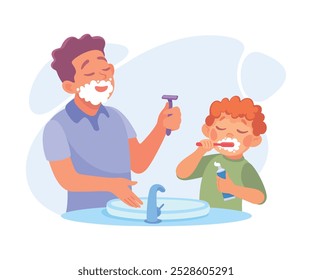 Man Parent with His Son Shaving and Brush Teeth as Home Activity Vector Illustration