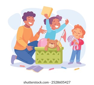 Man Parent with Son and Daughter Playing Toys as Home Activity Vector Illustration