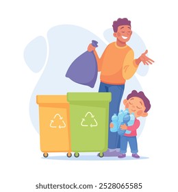 Man Parent with Son Throw Garbage in Dustbin as Home Activity Vector Illustration