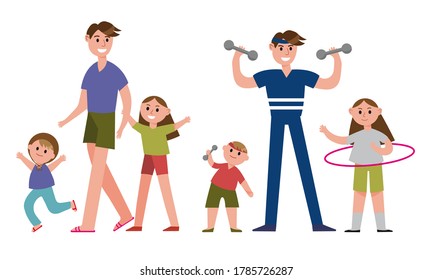 Man Parent Spending Time Together with His Children Vector Illustration Set