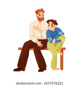 Man Parent Supporting Boy Son Sitting on Bench Vector Illustration