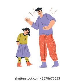 Man Parent Swear at Girl Daughter Yelling and Scold Vector Illustration