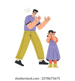 Man Parent Swear at Girl Daughter Yelling and Scold Vector Illustration