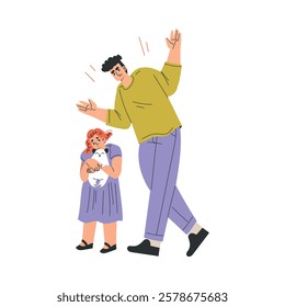 Man Parent Swear at Girl Daughter Yelling and Scold Vector Illustration