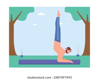 A man in the park is doing yoga in a headstand position, with aroma therapy. Character design. Vector flat illustration
