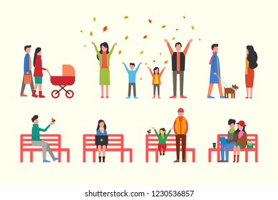 Man in park, family pram, playing with leaves vector. Male with bird, father and daughter, couple working with laptop. Freelancers, woman walking dog