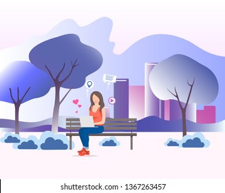 
Man in the park with a laptop. Girl. Communication on the Internet. Mobile technology. Gradient. Fashion illustration. Vector