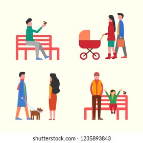 Man in park relaxing with bird, family with newborn kid in pram vector. People walking dog on leash with collar. Father and daughter sitting on bench