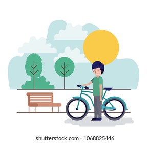 man in the park scene with chair and bicycle