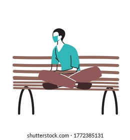 man in park sitting with mask on vector illustration desing