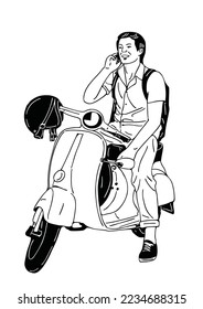 Man parked motorcycle, talking on the phone, city people, casual lifestyle art illustration