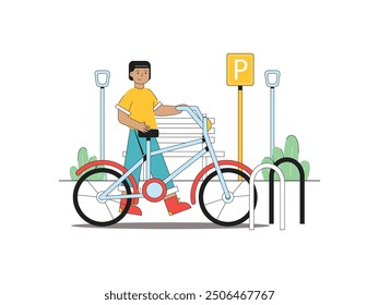 Man parking bicycle in city, ecological transportation. Character design. Vector flat illustration