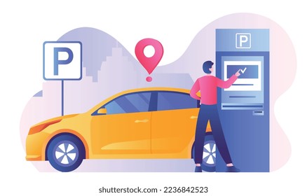 Man with parking. Young guy with yellow car near hotel or restaurant pays for parking. Modern technologies and convenient service. Poster or banner for website. Cartoon flat vector illustration