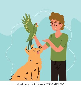 man with a parrot and dog cartoon