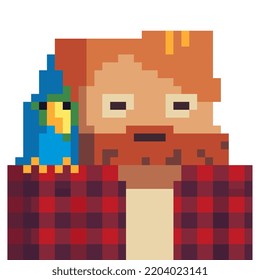 Man with a parrot on his shoulder pixel art style character. Avatar, portrait and profile picture. Design of 80s. Game assets. 8-bit. Isolated vector illustration.