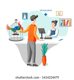 Man with parrot at vet clinic flat illustration. Female administrator, assistant at receptionist desk vector character. Cartoon veterinary hospital manager. Guy with exotic pet at medical center