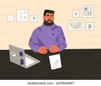 Man participates in online meeting at home. Man sitting in his room and talking about job tasks with his coworkers. Male person have a distant business meeting in quarantine. Vector concept. 